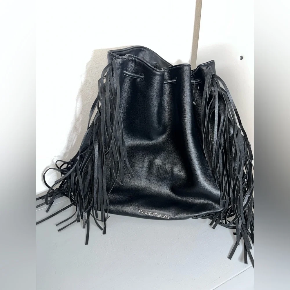 Victoria's Secret Fringe Bucket Bag Drawstring Black Faux Leather Large NWOT - Picture 11 of 16